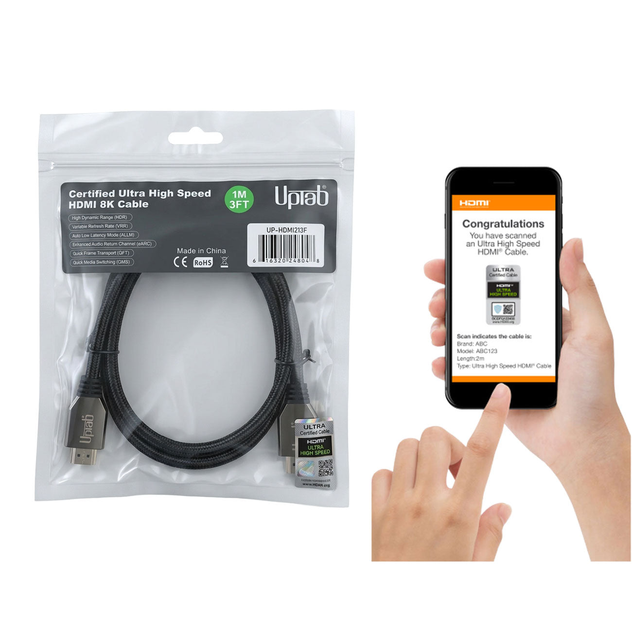 A black HDMI 8K cable in clear retail packaging on the left, and a hand holding a smartphone showing an HDMI connection screen on the right. The cable packaging shows the brand UplaB.
