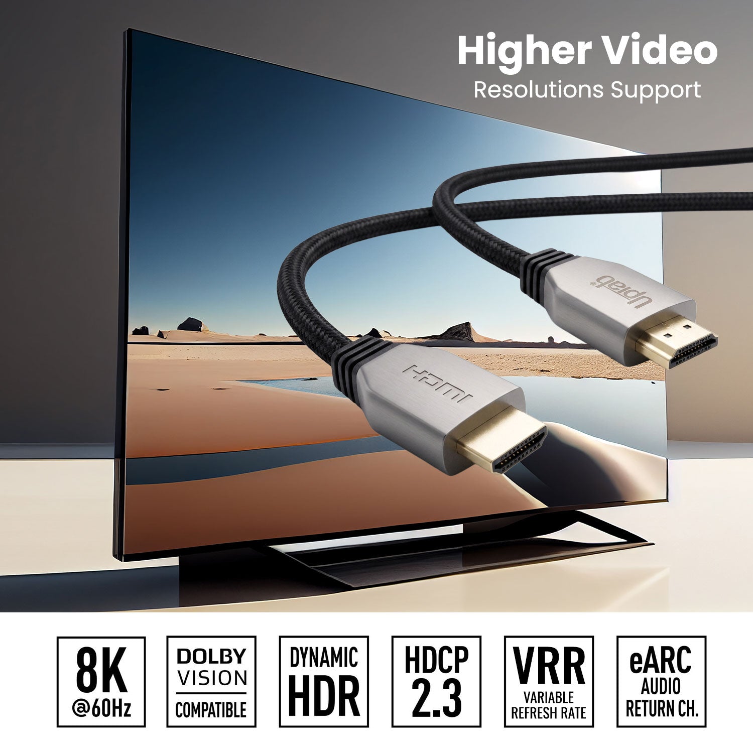 An HDMI cable shown in front of a large TV screen, with marketing text reading 'Higher Video Resolutions Support' and feature badges for 8K @60Hz, Dolby Vision Compatible, Dynamic HDR, HDCP 2.3, VRR, and eARC Audio Return Channel.