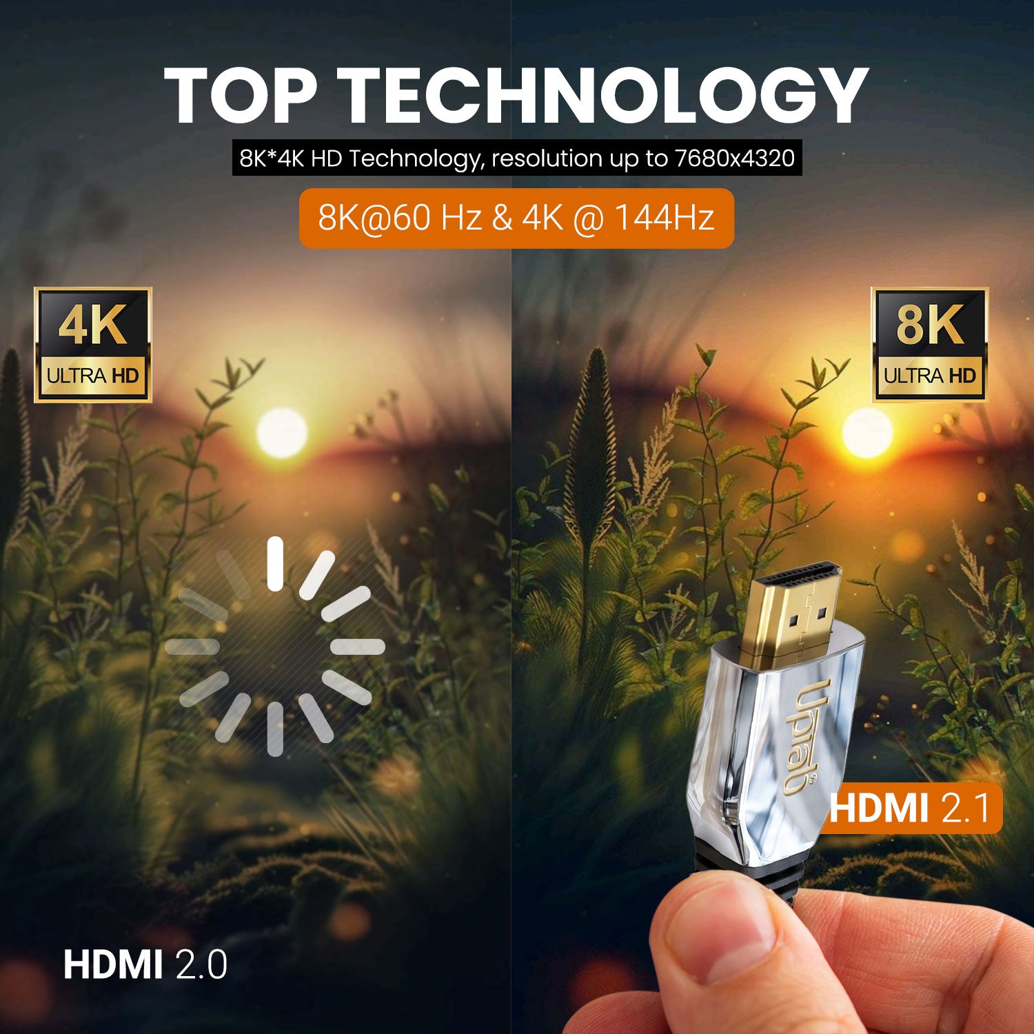 A hand holds a small USB-C HDMI 2.1 adapter in the foreground, with a split-screen comparison showing 4K and 8K Ultra HD video quality over a grassy sunset scene.