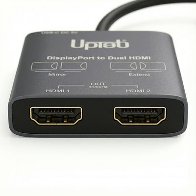 DisplayPort to Dual HDMI adapter with Uptab branding on a white background
