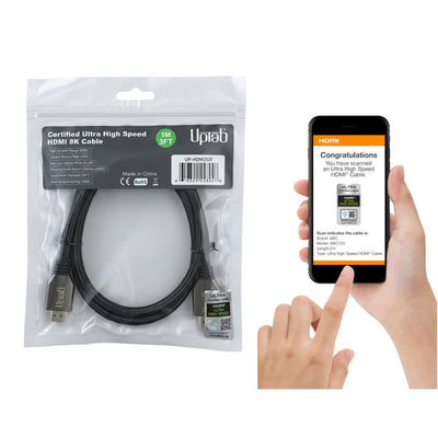 A black HDMI 8K cable in clear retail packaging on the left, and a hand holding a smartphone showing an HDMI connection screen on the right. The cable packaging shows the brand UplaB.