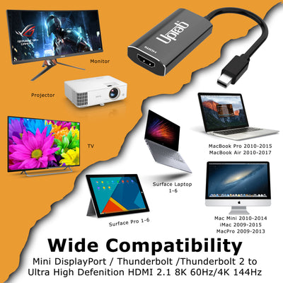 UPTab Mini DisplayPort to HDMI 2.1 8K 60Hz  adapter compatibility with various devices on an orange and white background